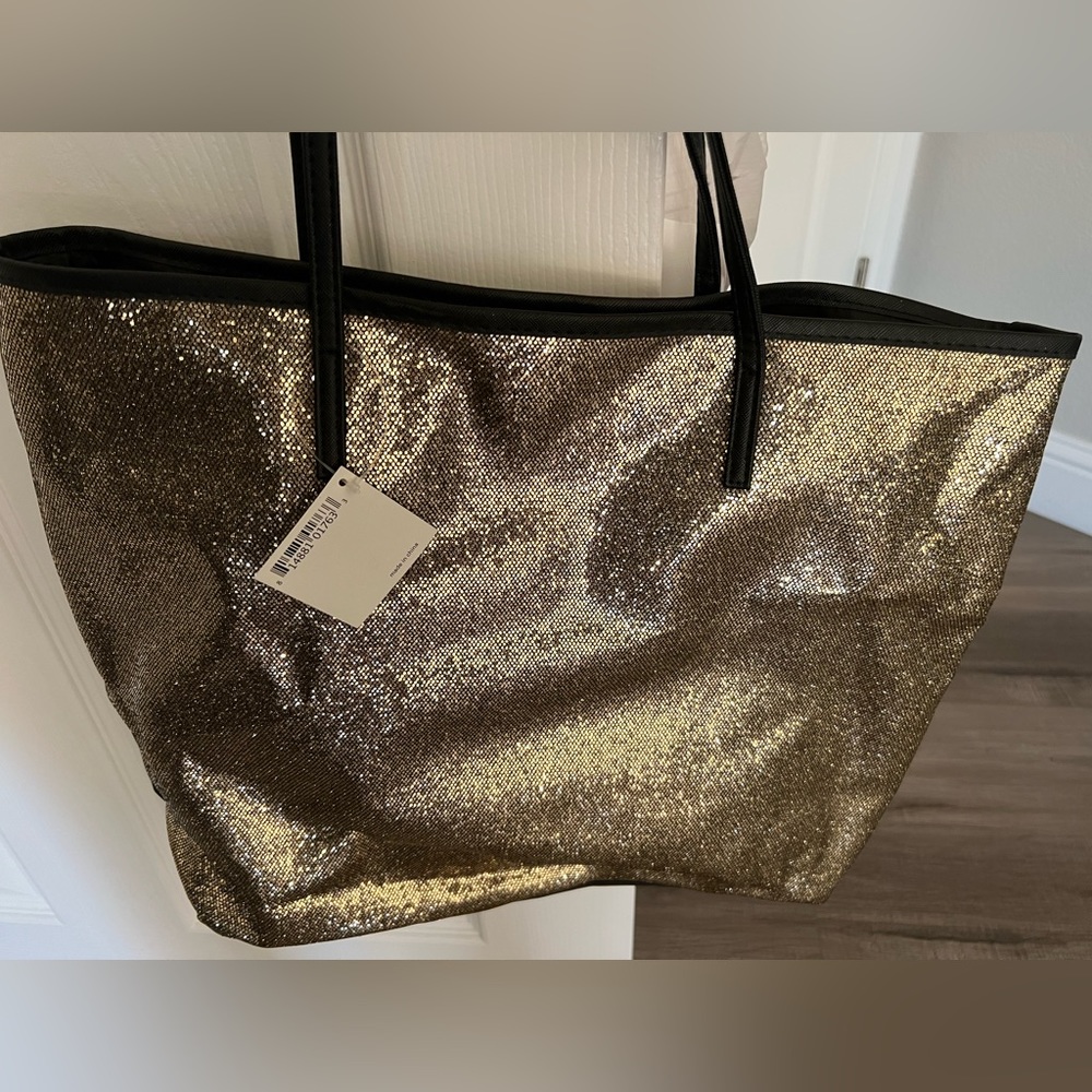 Macys gold shiny tote large